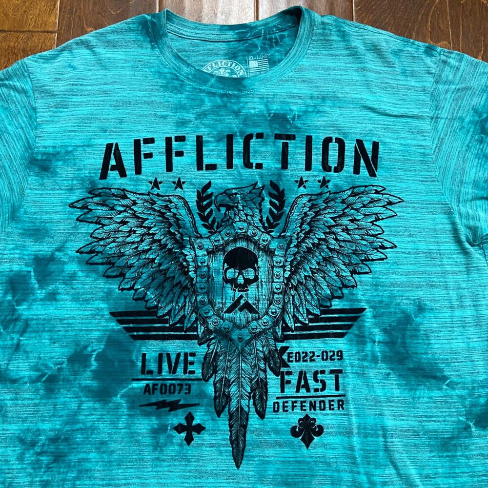 Affliction Live Fast Eagle Vintage Gothic Punk Washed Teal T-Shirt Mens Size 2XL - Picture 2 of 8